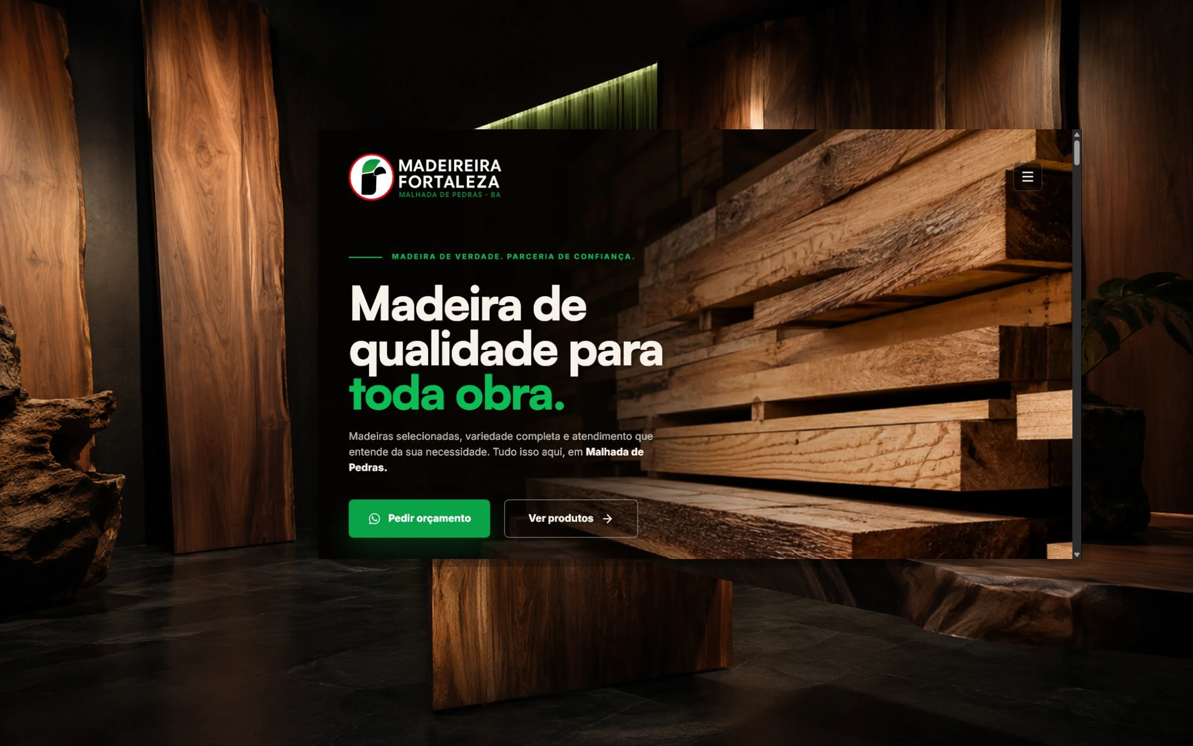 Site da Madeireira Fortaleza em composição editorial com madeira e catálogo