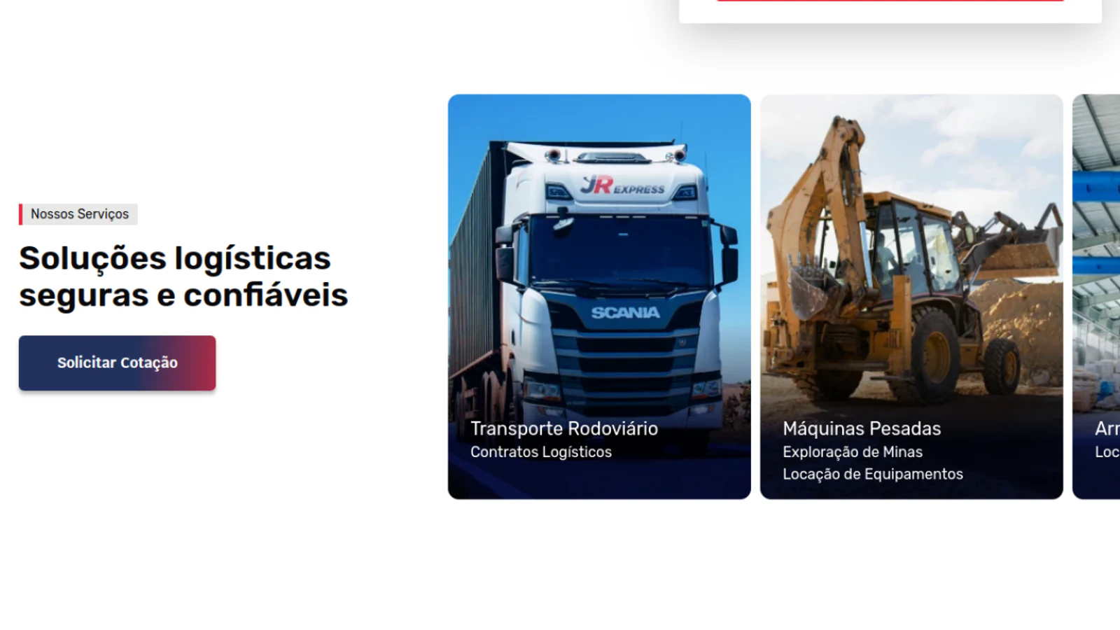 Serviços apresentados no site da JR Express