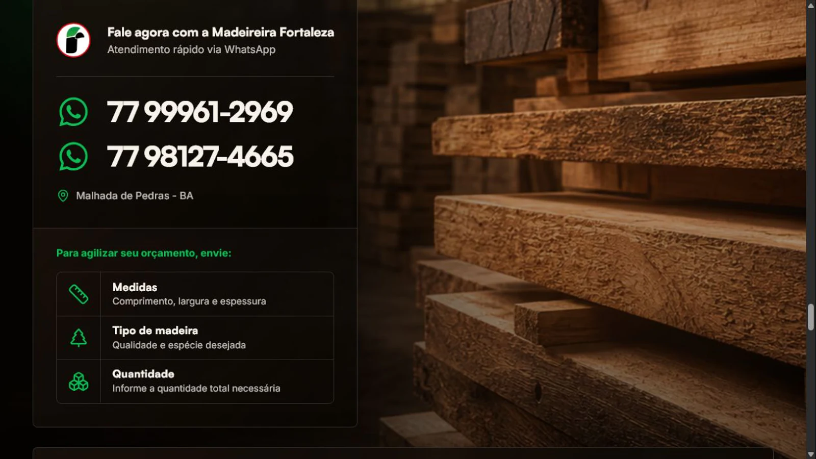 Área de contato e orçamento da Madeireira Fortaleza