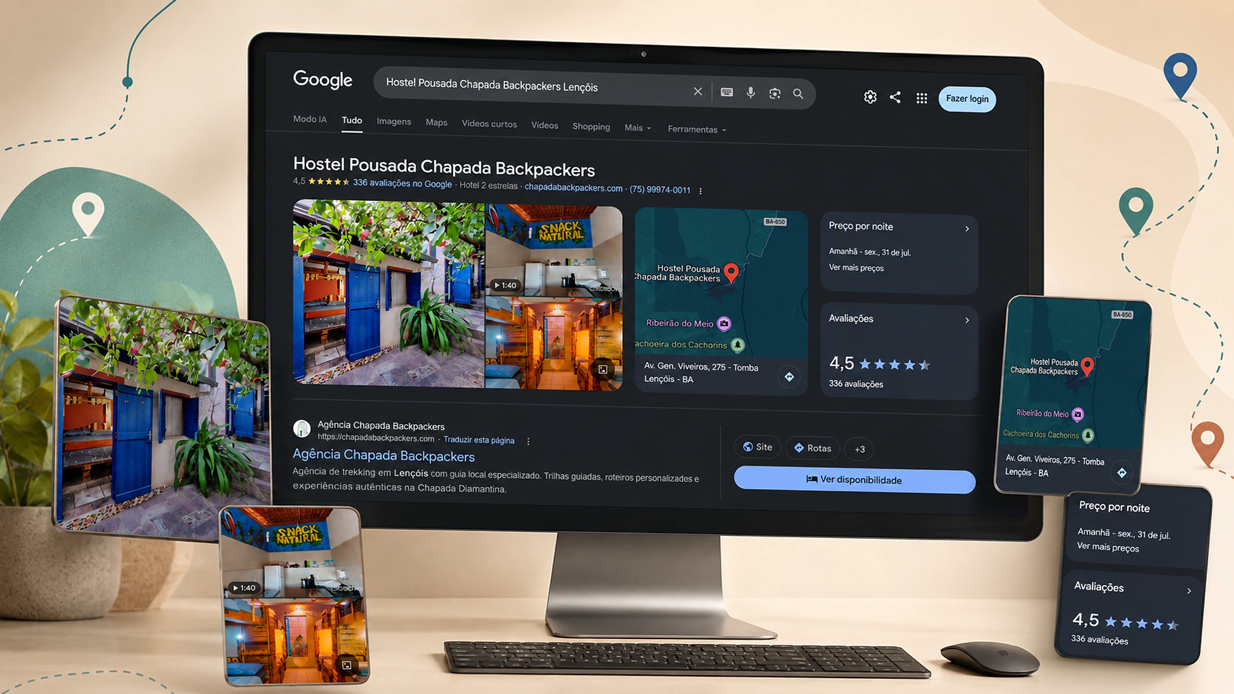 Case de presença no Google da Chapada Backpackers com perfil e avaliação