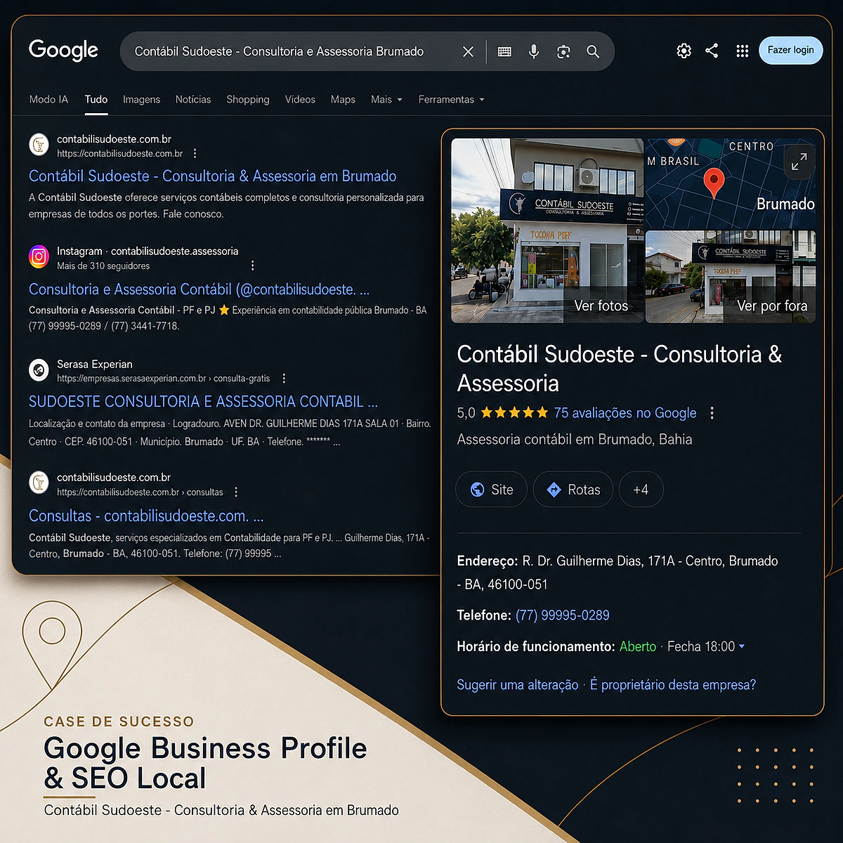 Case de presença no Google da Contábil Sudoeste com perfil e resultados locais