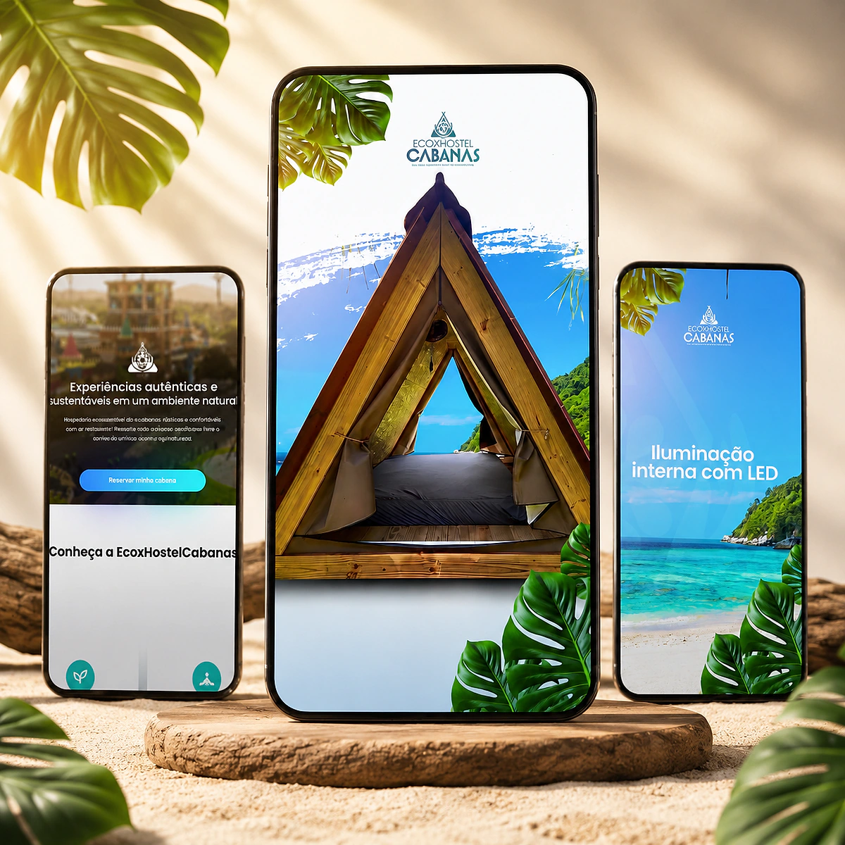 Composição visual dos vídeos das cabanas e experiências da Ecox