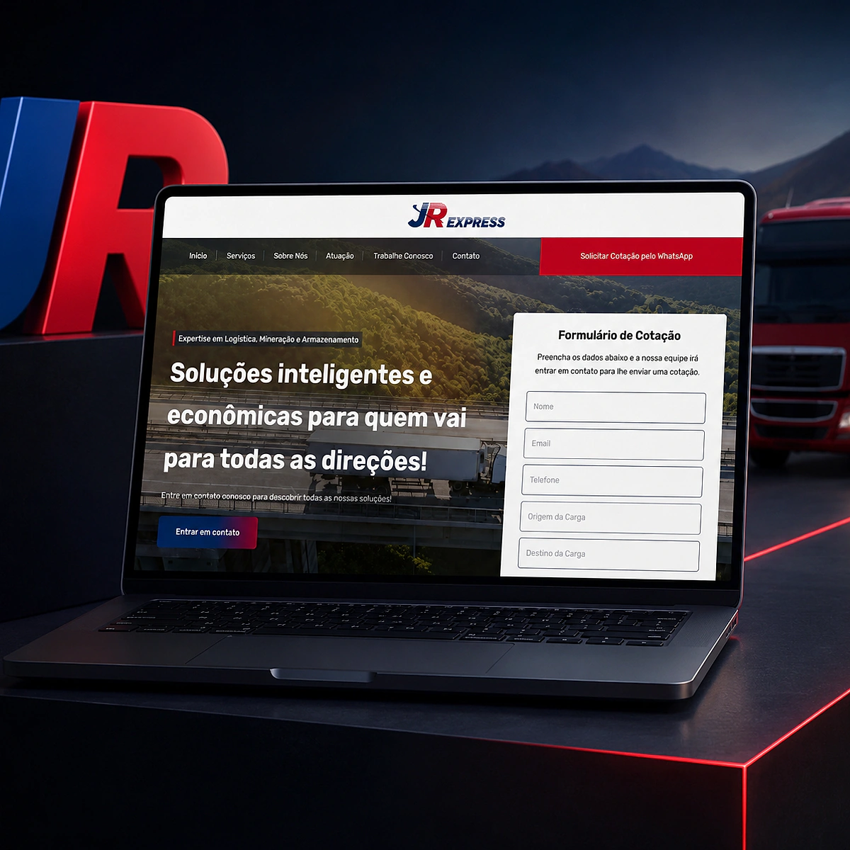 Mockup digital do site da JR Express com linguagem visual de logística